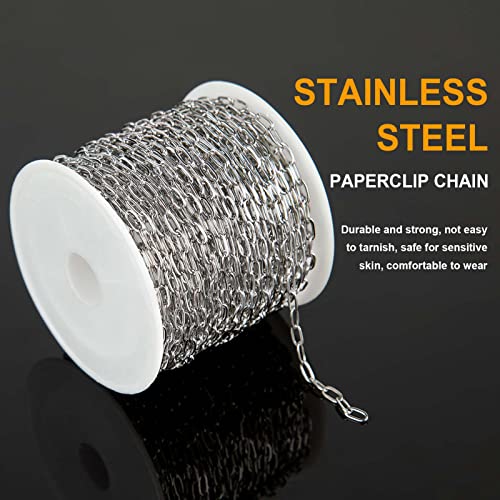 KYUNHOO 32.8 Feet 304 Stainless Steel Chains Bulk Silver Paperclip Chain | Silver Chain for Jewelry Making Small Paper Clip Chains Link on Spool with Clasps for Necklace Bracelet Craft - color: Paperclip Silver