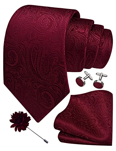 GUSLESON 3.15"（8cm） Mens Tie and Lapel Pin Paisley Necktie Hankerchief Cufflinks Set for Men - color: Burgundy