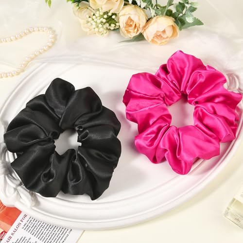 2 PCS Hot Pink Jumbo Satin Silky Scrunchies 6.5 Inches Oversized Scrunchie Extra Large Big Hair Ties Ponytail Holder for Thick Curly Hair Women (Black, Hot Pink) - color: Black, Hot Pink