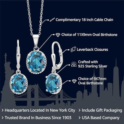 Gem Stone King 925 Sterling Silver Customized and Personalized 11X9MM and 9X7MM Oval Gemstone Birthstone Pendant and Earrings Jewelry Set For Women (8.70 Cttw, with 18 Inch Silver Chain)