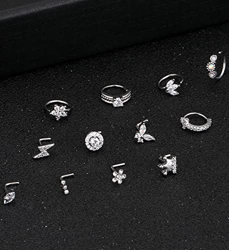 Akeoqi 12Pcs Nose Rings Stud L Shape Nose Rings Cubic Zirconia Butterfly Flower Eye Moon Crown Heart Lightning Shape Nose Studs Piercing Jewelry for Women Men Silver Gold Plated 20G - style: D:Crown&Ring
