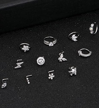 Akeoqi 12Pcs Nose Rings Stud L Shape Nose Rings Cubic Zirconia Butterfly Flower Eye Moon Crown Heart Lightning Shape Nose Studs Piercing Jewelry for Women Men Silver Gold Plated 20G - style: D:Crown&Ring