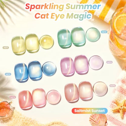 Beetles Cat Eye Gel Nail Polish Set, Saltmist Sunset 9ML 6 Colors Gel | Glitter Gel Nail Kit Yellow Blue Green Pink Purple Soak Off UV Salon DIY at Home Manicure Gift for Women - color: Saltmist Sunset