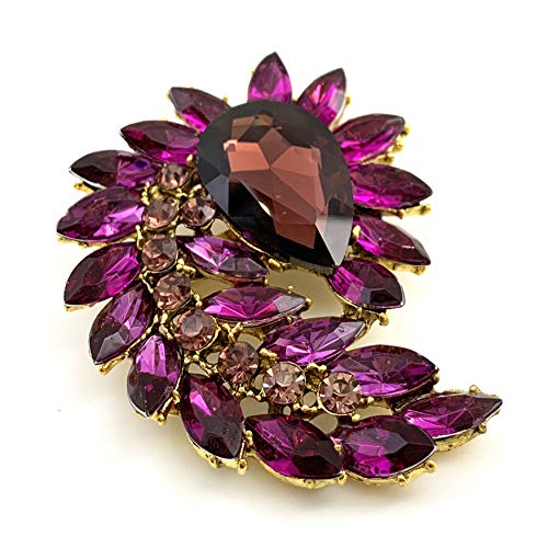 SELOVO Marquise Shape Rhinestone Red Leaf Costume Brooch Pin Jewelry Antiqued Gold Tone - color: Purple
