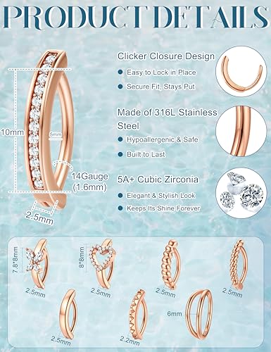 ORAZIO 8Pcs Belly Button Ring Surgical Steel 14G Clicker Belly Rings for Women CZ Heart Butterfly Belly Button Piercing Simple Reverse Navel Barbell Rings Body Piercing Jewelry - color: Rose Gold Plated-10mm