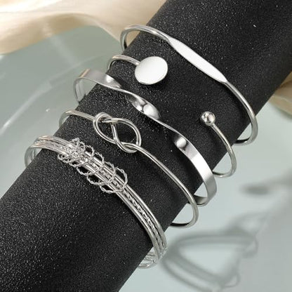 GIGB PBDK Chunky Stackable Gold Cuff Bracelets Set for Women Boho Multi Layer Silver Open Bangles Adjustable Geometry Bracelets Jewelry Accessories - color: Silver
