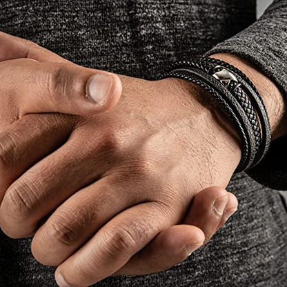 SERASAR Premium Leather Bracelet Men | Stainless Steel Magnetic Clasp | Three Colors | Jewelry Box Included - color: Silver, size: 17cm, style: Flake