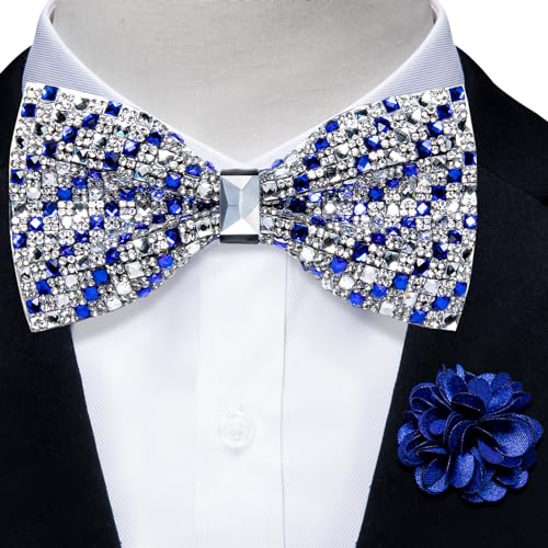 DiBanGu Mens Rhinestone Bow Tie with Ring and Lapel Pin Set | Adjustable Strap,Pre-tied Style,3PCS,Sequin Diamond Bowties，Solid/Mix Color,Shiny Accessory,for Party Prom Banquet Wedding - color: Royal Blue