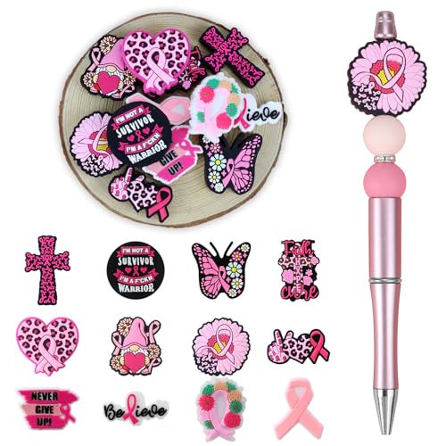 12pcs Breast Cancer Awareness Silicone Focal Beads for pens | Focal Beads for Keychain Making,Pens,Bracelet,Necklace Crafts,Bulk Silicone Beads for DIY（Breast Cancer Awareness） - color: Breast Cancer