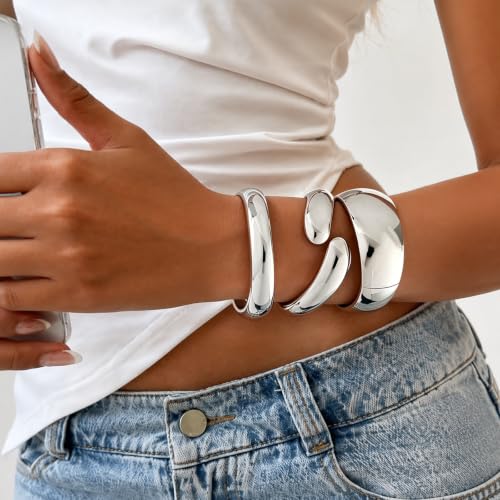Chunky Gold Bangle Bracelets for Women Trendy 14K Gold Plated Cuff Bracelets Stack, Dainty Gold Bracelet Sets Non Tarnish Fashion Jewelry Gift - style: Silver-3pc-011