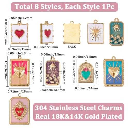 SUNNYCLUE 1 Box 8 Styles Real 18k Gold Plated Enamel Heart Charms Gold Heart Charms Metal Colorful Rectangle Evil Eye Hearts Sun Pendant for Jewelry Making Women Adults Crafts Bracelets Gifts Supplies