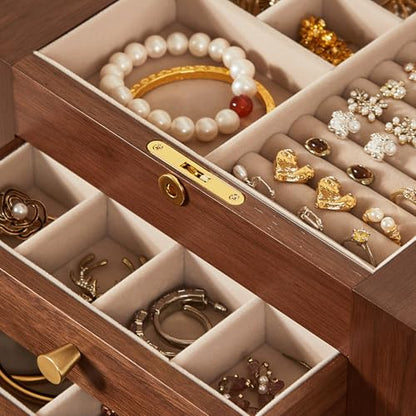 CHOSIN Black Walnut Wooden Jewelry Box for Women with Lock, Mirror, 5 Layer | Lockable wity Key, 4 Drawers, 2 Side Doors, Large Capacity for Necklaces, Earrings, Rings, Watches, Brooches, Women Gifts - size: 5 Layer - Top Lock