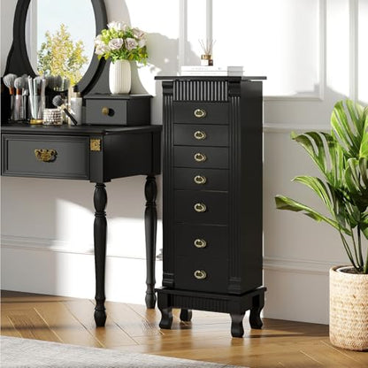 Giantex Standing Jewelry Cabinet with 7 Drawers, Flip-Top Mirror, 2 Side Doors with 12 Necklace Hooks, Divided Ring Compartments, Velvet-Lined Jewelry Armoire Organizer Chest (Black) - color: Black
