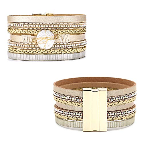 Wowanoo 3Pack Leather Cuff Bracelet Set Multilayer Wrap Bracelet Crystal Feather Tree Bracelet Magnetic Clasp Bracelet for Women - color: Pearl Khaki