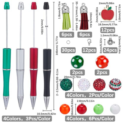 SUNNYCLUE DIY 12 Sets Beadable Pen with Beads Acrylic Making Kit Teacher Appreciation Gifts 20mm Rhinestone Bubblegum Beads Ballpoint Pen Making Kits for Office School Supplies - color: 12 Sets, Green & Red