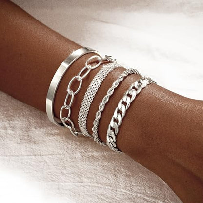 Dainty Bracelet for Women 14K Gold Plated Cross Pearl CZ Leaf Bracelets Set Gold Layering Bracelets Everyday Jewelry - color: 5 Layer Cuff Set -SL
