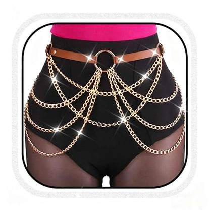 CLOACE Punk Waist Chain Belt Leather Layered Heart Body Chains Gothic Body Accessories for Women - color: Brown