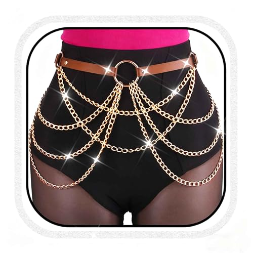 CLOACE Punk Waist Chain Belt Leather Layered Heart Body Chains Gothic Body Accessories for Women - color: Brown