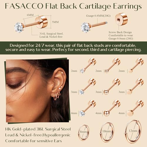 FASACCO Small Tiny Stud Flat Back Earring Hypoallergenic Gold Studs 14K Surgical Steel Earring Sets for Multiple Piercing Cartilage Hoop Earrings - color: rose gold tone