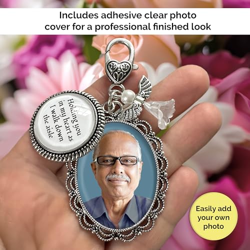 Wedding Bridal Bouquet Charm Holding You in My Heart Walk Down The Aisle | Memorial Gift for Bride or Dad Memorial Charm for Wedding Day. Includes Everything Needed to Easily Add Your Own Photo.