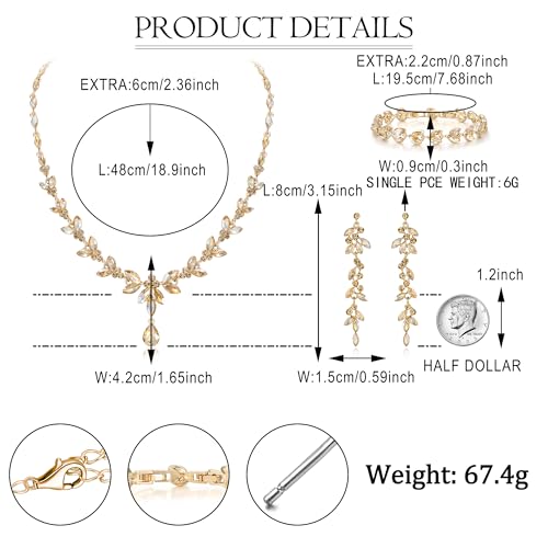EVER FAITH Marquise Crystal Leaf Bridal Prom Jewelry Set for Women Bride | Rhinestone Wedding Party Necklace Dangle Earrings Tennis Bracelet, for Bridesmaid - color: Champagne