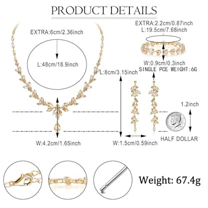 EVER FAITH Marquise Crystal Leaf Bridal Prom Jewelry Set for Women Bride | Rhinestone Wedding Party Necklace Dangle Earrings Tennis Bracelet, for Bridesmaid - color: Champagne