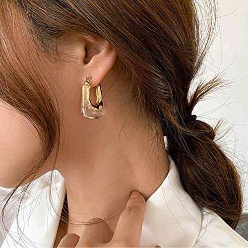 Chunky Clear Retro U Shaped Hoop Minimalist Square Resin Huggie Earrings for Women - color: White