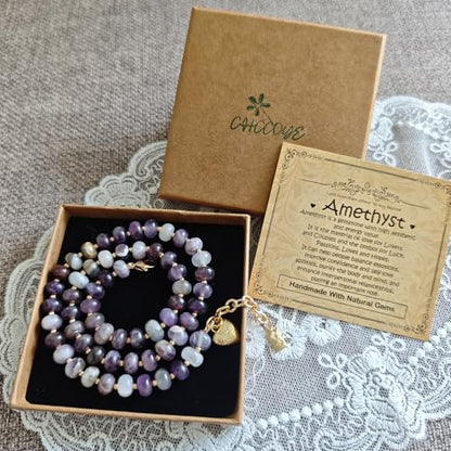 Boho Gemstone Beaded Necklace for Women – Colorful Natural Stone Choker 18K Solid Heart-Shaped Pendant, Summer Beach Jewelry - color: Amethyst
