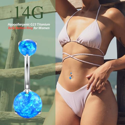 FUNLMO 14G Belly Button Ring Titanium Belly Button Piercing Belly Ring Internally Threaded Navel Piercing Jewelry - color: Silver-Blue Opal
