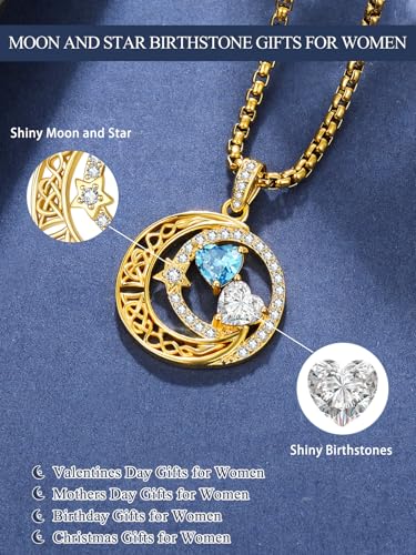 14K Gold Moon and Star Double Birthstone Necklace Gifts for Women | 2 Heart Birthstone Necklace,Mothers Day Wedding Anniversary Birthday Gifts for Wife Mom Daughter Grandma Sister - color: 03-04-Mar-Apr Birthstone-New