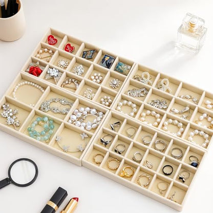 Jewelry Organizer Trays Set of 9, Velvet Lined Stackable Jewelry Trays for Drawers with Adjustable Dividers, Earring Organizer Storage, Beige 8.3 x 4.9 x 1 Inches