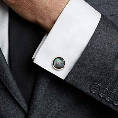 HAWSON Cufflinks and Tuxedo Studs Set for Men with Gift Box, Mother-of-Pearl Cuff links for French Cuff Shirt and Dress Shirt, Suitable for Wedding, Birthday, Party - style: Rose Gold & Black Lip Shell Stone