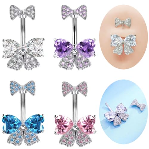 14G Rhinestone Bowknot Belly Button Ring for Women - Stainless Steel CZ Crystal Bow Navel Curved Barbell - Sparkling Body Piercing Jewelry - color: Purple