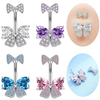 14G Rhinestone Bowknot Belly Button Ring for Women - Stainless Steel CZ Crystal Bow Navel Curved Barbell - Sparkling Body Piercing Jewelry - color: Purple