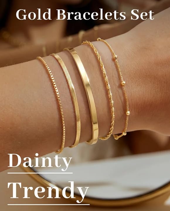Dainty Gold Bracelet for Women Trendy Non Tarnish, Thin Bracelets Stackable Set with Bangle Cuff, Box, Herringbone, Paperclip, Figaro, Sparkling Link Chains Waterproof, Simple Jewelry Gifts for Women - color: style 01-gold