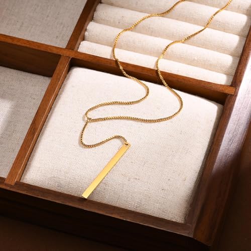 Stainless Steel Box Chain Y-Necklace, Long Rectangular Tassel Pendant, Gold Minimalist Choker 40cm for Women