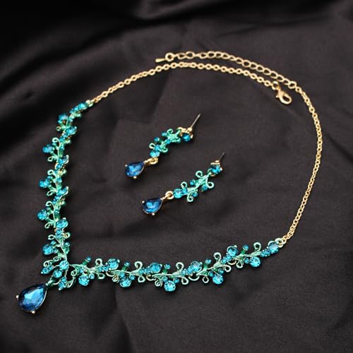 3Pcs Austrian Crystal Jewelry Set for Women, Necklace Dangle Earrings Link Bracelet Jewelry Set with Gold/Platinum/Gun Plated, Wedding Party Jewelry for Bridal Bridesmaid - color: Blue-Gold Plated