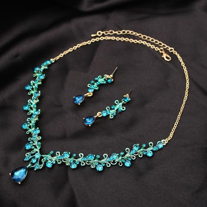 3Pcs Austrian Crystal Jewelry Set for Women, Necklace Dangle Earrings Link Bracelet Jewelry Set with Gold/Platinum/Gun Plated, Wedding Party Jewelry for Bridal Bridesmaid - color: Blue-Gold Plated