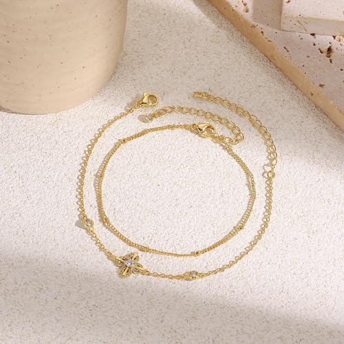 16K Gold Plated Bracelets Set for Women - Dainty Layered Adjustable Hand Chain Bracelet with Cubic Zirconia, Cute Jewelry Gift for Her, Waterproof Hypoallergenic - color: Clover Flower