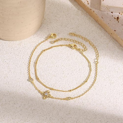 16K Gold Plated Bracelets Set for Women - Dainty Layered Adjustable Hand Chain Bracelet with Cubic Zirconia, Cute Jewelry Gift for Her, Waterproof Hypoallergenic - color: Clover Flower