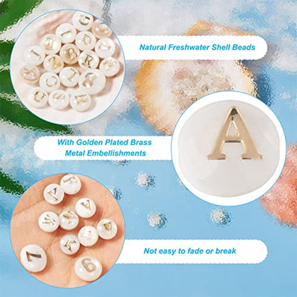 Craftdady 36Pcs Freshwater Shell Beads 8mm Flat Round Letter Bead Charms Alphabet A~Z Shell Cabochons Number Bead Charms for Name Bracelets Necklaces Earrings Jewelry Crafts Making - color: Golden Letter & Number Beads