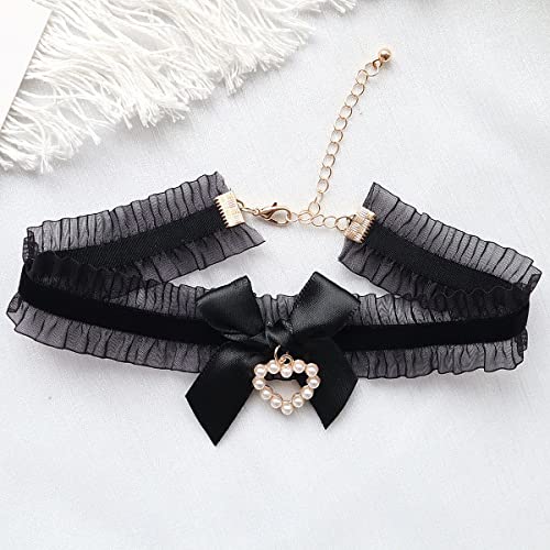 Bethynas Sexy Lace Bowknot Choker Collar Lolita Velvet Heart Pendant Tie Neck Chain Gothic Cosplay Neck Accessories for Women - color: Black
