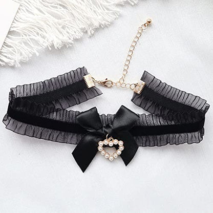 Bethynas Sexy Lace Bowknot Choker Collar Lolita Velvet Heart Pendant Tie Neck Chain Gothic Cosplay Neck Accessories for Women - color: Black