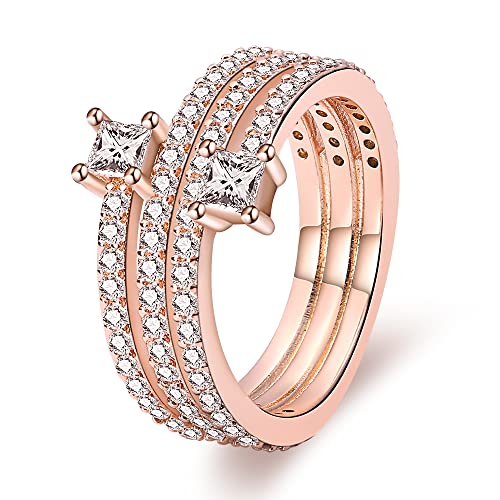 KUNSIR 925 Sterling Silver Rings Classic Cubic Zirconia Eternity Promise Statement Anniversary Wedding Bands Engagement Rings for Women Infinity Forever Love Ring Size 7-9 - style: Three-ring spiral rose gold-set clear zircon ring