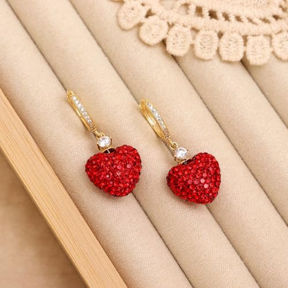 Sonateomber Gold Silver Small Hoop Dangle Earrings for Women, Trendy Dainty Rhinestone CZ Dangling Prom Wedding Leaf Flower Snowflake Butterfly Starfish Fashion Jewelry Gift - color: Red Heart
