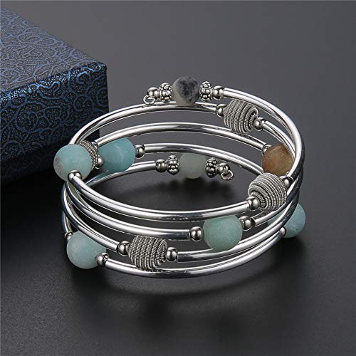 PEARL&CLUB Beaded Chakra Bangle Turquoise Bracelet - Fashion Jewelry Wrap Bracelet with Thick Silver Metal and Mala Beads, Birthday Gifts For Women - color: 63-Agate Green
