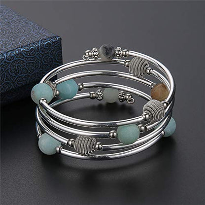 PEARL&CLUB Beaded Chakra Bangle Turquoise Bracelet - Fashion Jewelry Wrap Bracelet with Thick Silver Metal and Mala Beads, Birthday Gifts For Women - color: 63-Agate Green