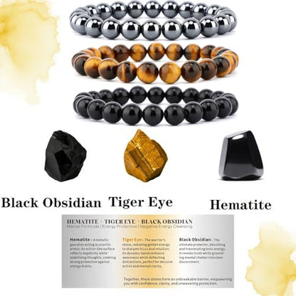 4mm 6mm 8mm Healing Crystal Bracelets for Women Men Natural Stone Beaded Stretch Bracelet Handmade Gemstone Reiki Spiritual Jewelry Gifts - color: Tiger Eye+Black Obsidian+Hematite-Protection, size: 8mm