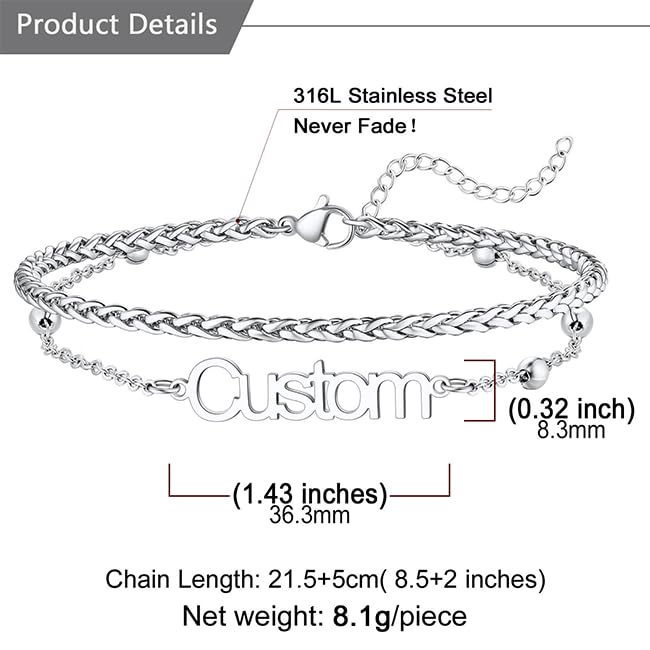 U7 Custom Layered Ankle Bracelets for Women Stainless Steel Bead/Cuban/Figaro/Rope/Wheat Chain Anklet Waterproof Anklet Jewelry for Beach Vacation - color: b-Silver-Wheat Chain
