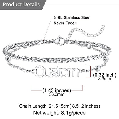 U7 Custom Layered Ankle Bracelets for Women Stainless Steel Bead/Cuban/Figaro/Rope/Wheat Chain Anklet Waterproof Anklet Jewelry for Beach Vacation - color: b-Silver-Wheat Chain